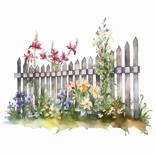 Uma cerca com flores e grama. Pintura aquarela.