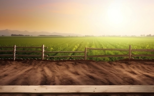 Uma cerca em frente a um campo com uma cerca e uma cerca com um pôr do sol ao fundo