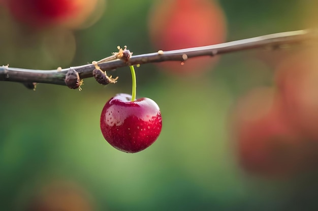 Uma cereja está pendurada em um galho com fundo vermelho.