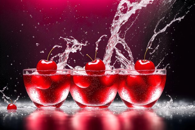 Uma cereja vermelha em uma tigela de vidro com água espirrando ao redor.