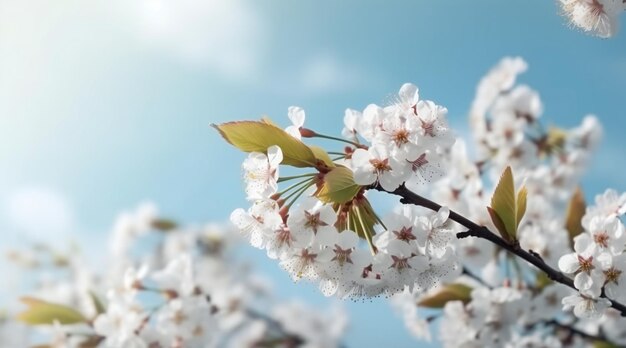 Uma cerejeira com flores brancas de cerejeira e folhas verdes contra o céu azul