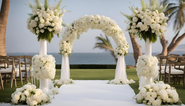 Foto uma cerimônia de casamento com flores brancas e palmeiras