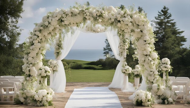 Uma cerimônia de casamento com flores brancas e vegetação