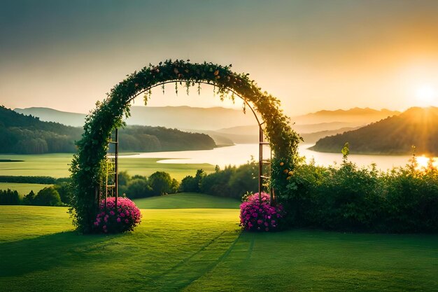 Foto uma cerimónia de casamento com flores na relva e um belo pôr-do-sol sobre um lago.