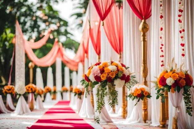 Uma cerimónia de casamento com flores vermelhas e brancas e uma fita vermelha.