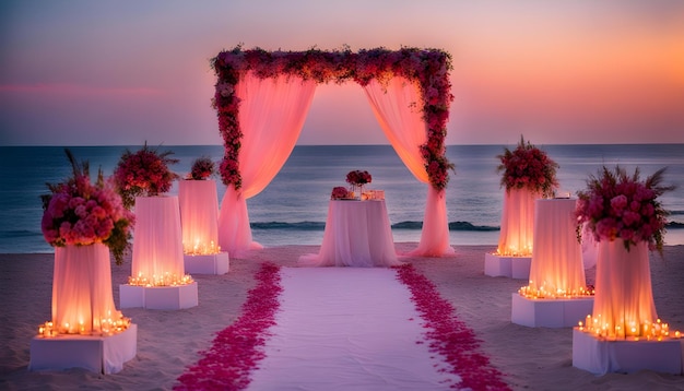 uma cerimônia de casamento com luzes e flores na mesa