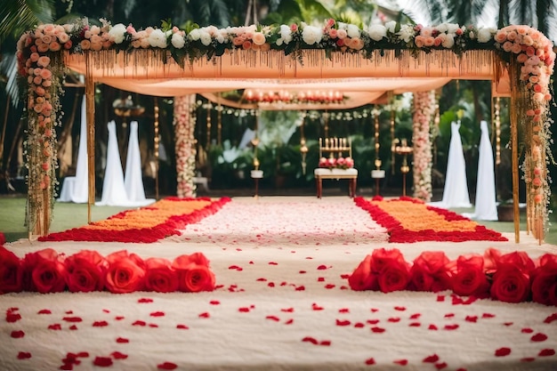 Uma cerimônia de casamento com pétalas de flores vermelhas no chão.