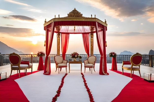 Uma cerimônia de casamento com um tapete vermelho e branco e uma toalha de mesa vermelha e branca.