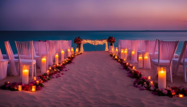 uma cerimônia de casamento com velas na praia e um sinal que diz "quotes de casamento"