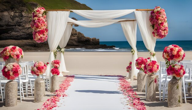 uma cerimônia de casamento em uma praia com flores e o oceano ao fundo