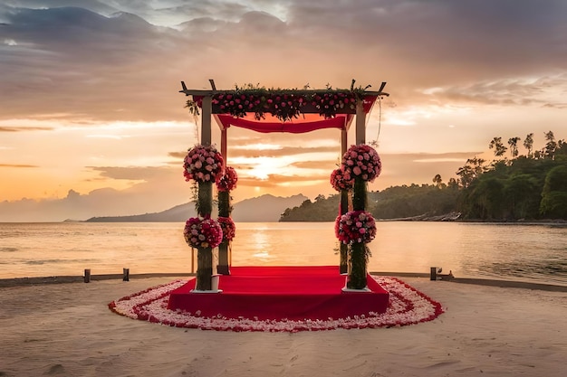 Uma cerimônia de casamento numa praia ao pôr-do-sol