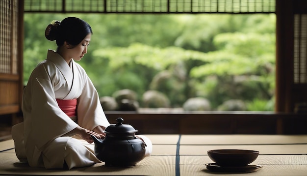 Uma cerimônia tradicional japonesa de chá com tapetes tatami, um mestre de chá e um ambiente sereno