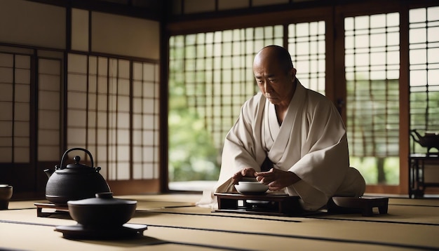 Uma cerimônia tradicional japonesa de chá com tapetes tatami, um mestre de chá e um ambiente sereno