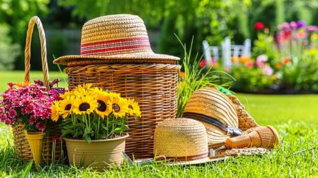 Uma cesta cheia de chapéus e uma planta em vaso com flores amarelas