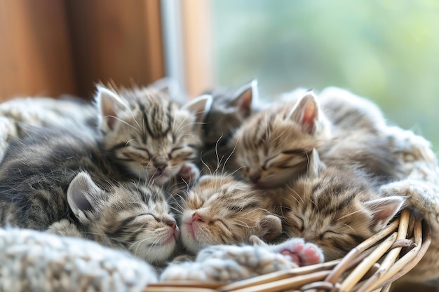 Uma cesta cheia de gatinhos recém-nascidos enrolados juntos para dormir.