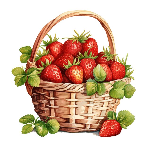 Uma cesta cheia de morangos é mostrada em uma pintura