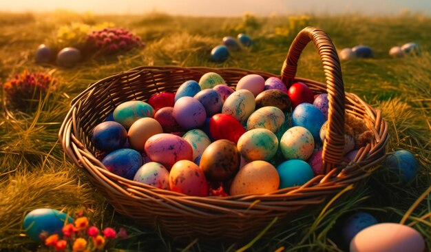 Uma cesta cheia de ovos de páscoa coloridos em um campo