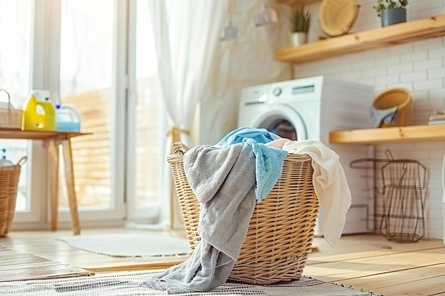 Uma cesta cheia de roupas está sobre um tapete em uma lavandaria. O quarto está limpo e bem organizado.