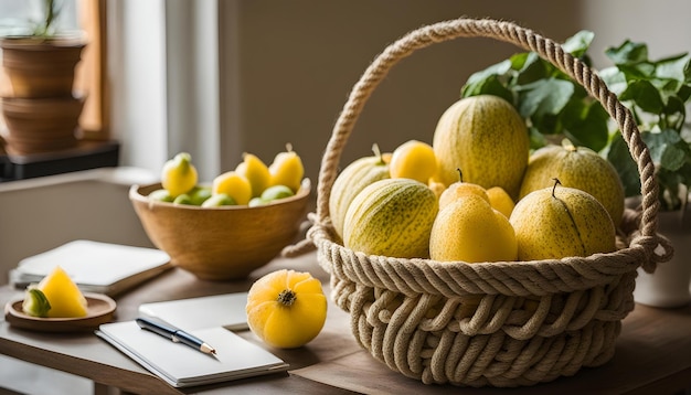 uma cesta de abóboras e uma caneta em uma mesa com uma caneta e uma penna