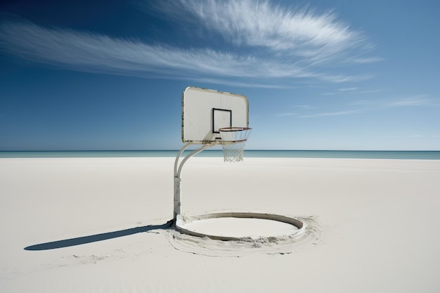 Foto uma cesta de basquete em uma praia com um céu azul ao fundo.