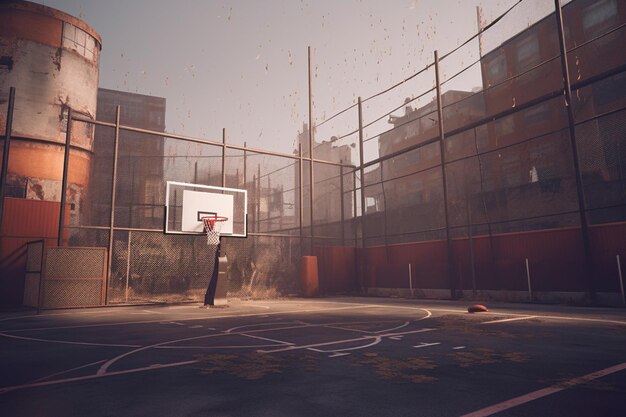 Uma cesta de basquete está em uma quadra de basquete suja.