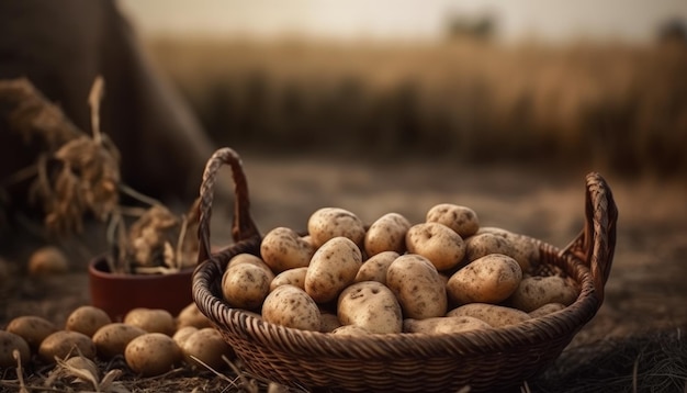 Uma cesta de batatas em uma mesa rústica de fundo de campo de batatas IA generativa