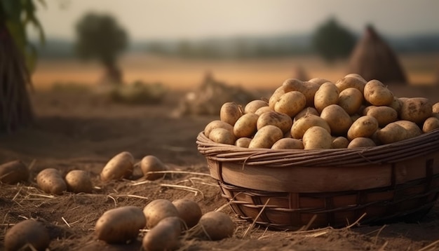 Uma cesta de batatas em uma mesa rústica de fundo de campo de batatas IA generativa