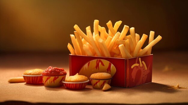 Uma cesta de batatas fritas ao lado de uma cesta de ketchup Generative AI