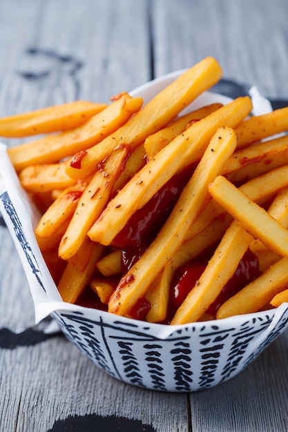 Uma cesta de batatas fritas com ketchup