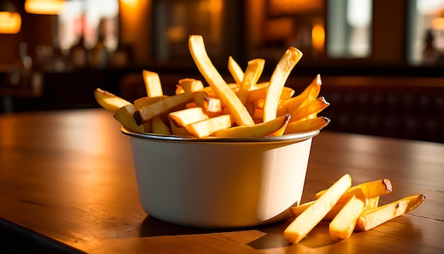 Foto uma cesta de batatas fritas vaporizadas é colocada em uma mesa de madeira com uma cozinha rústica ao fundo