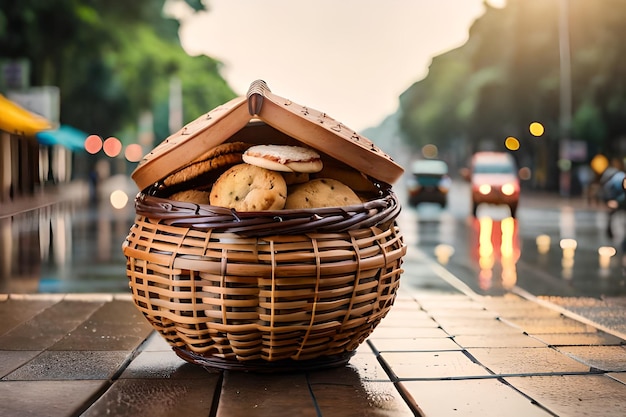 uma cesta de biscoitos com uma caixa de chocolates em cima da mesa.