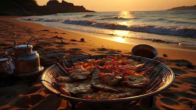 uma cesta de comida em uma praia com o sol se pondo atrás dela.