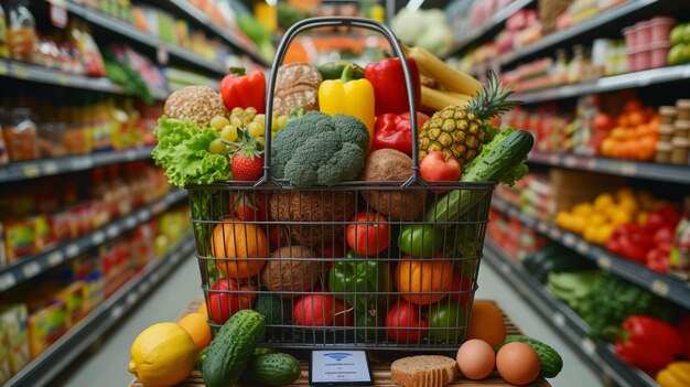 Uma cesta de compras cheia de frutas e legumes frescos fica na seção de produtos de um supermercado com as prateleiras borradas ao fundo