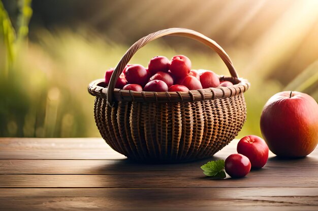 Uma cesta de cranberries em uma mesa com uma cesta de maçãs em cima da mesa