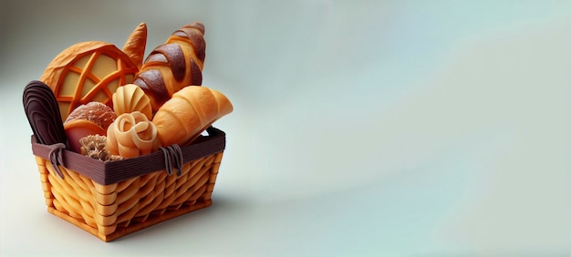 Uma cesta de croissants com uma cesta de pão