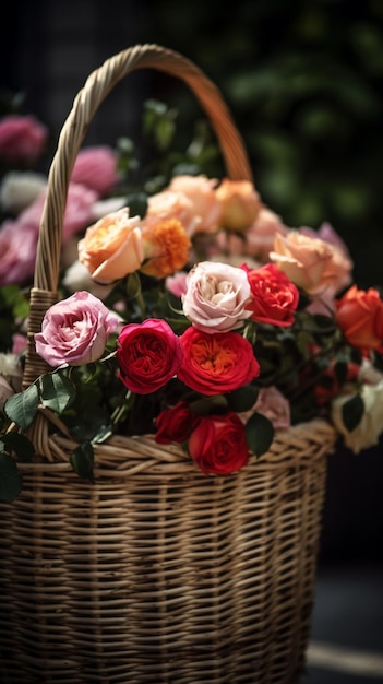 Uma cesta de flores com um buquê de rosas