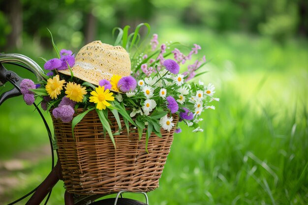 uma cesta de flores com um chapéu e um chapéu de palha