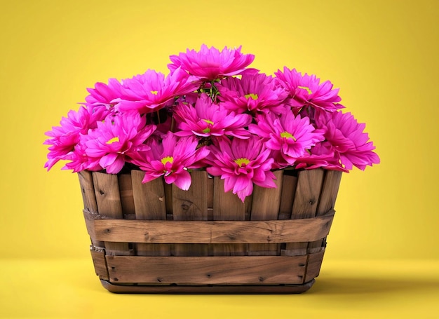 Uma cesta de flores cor de rosa está em um fundo amarelo.