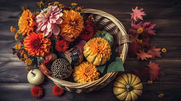 Uma cesta de flores e abóboras sobre uma mesa