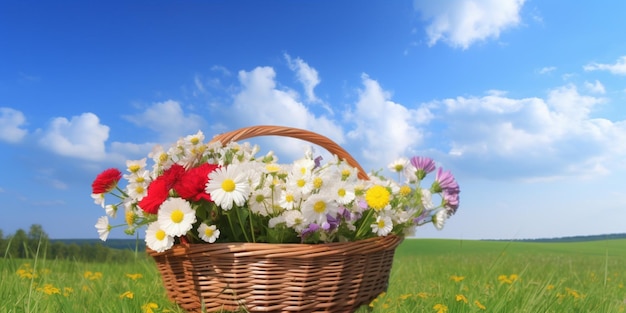 Uma cesta de flores em um campo com um céu azul ao fundo