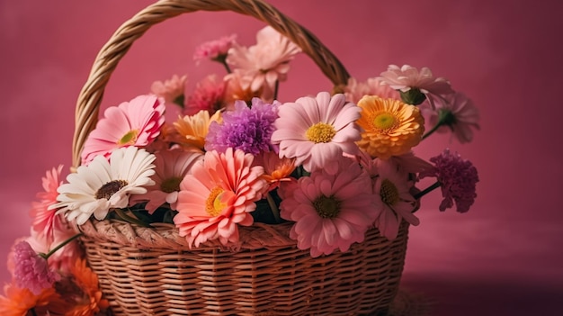 Uma cesta de flores em um fundo rosa