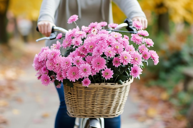 uma cesta de flores está ligada a uma bicicleta