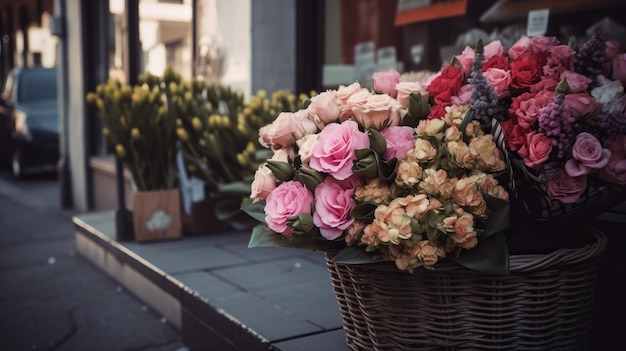 Uma cesta de flores está na calçada em frente a uma loja.