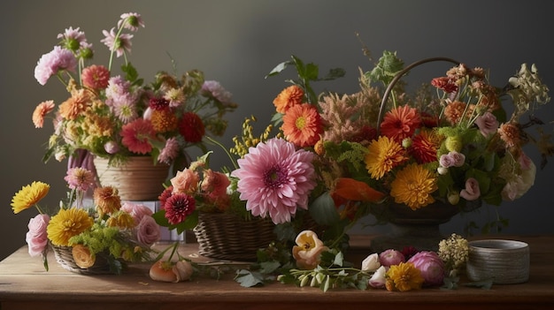 Uma cesta de flores está sobre uma mesa com um ramo de flores sobre ela.