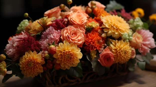 Uma cesta de flores está sobre uma mesa com uma cesta sobre a mesa.