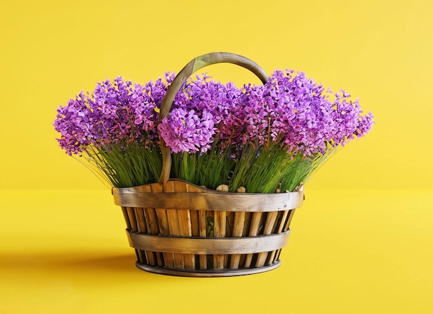 Uma cesta de flores roxas está sobre um fundo amarelo.