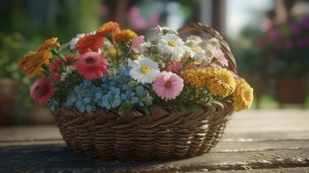 Uma cesta de flores sobre uma mesa com flores azuis e brancas ao fundo.