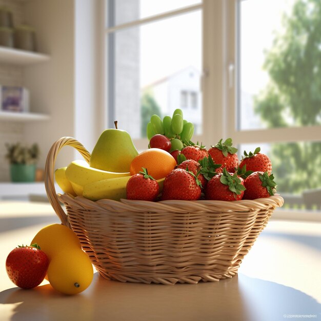 uma cesta de frutas com bananas, morangos e bananas.