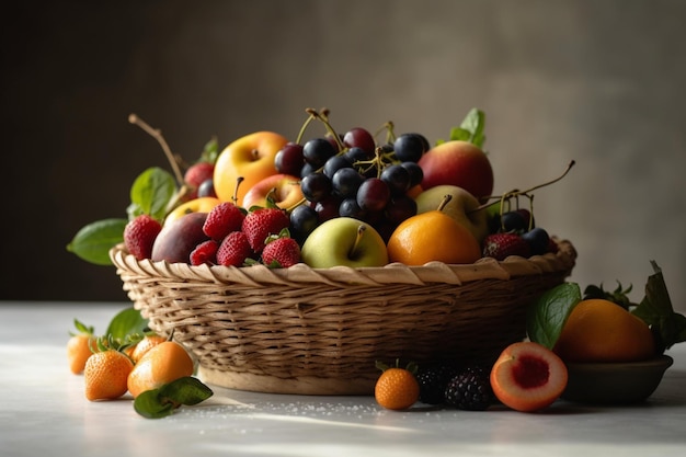 Uma cesta de frutas com um monte de frutas dentro