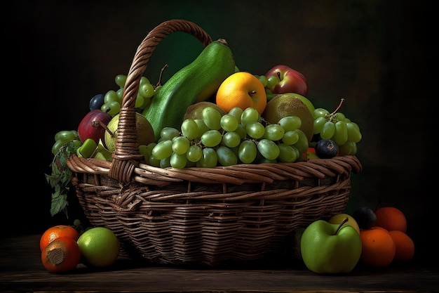 Uma cesta de frutas com uma maçã verde ao fundo.